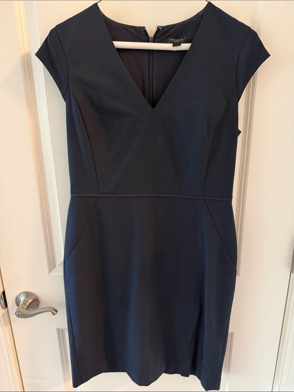 Ann Taylor Navy V-Neck Midi Sheath Dress